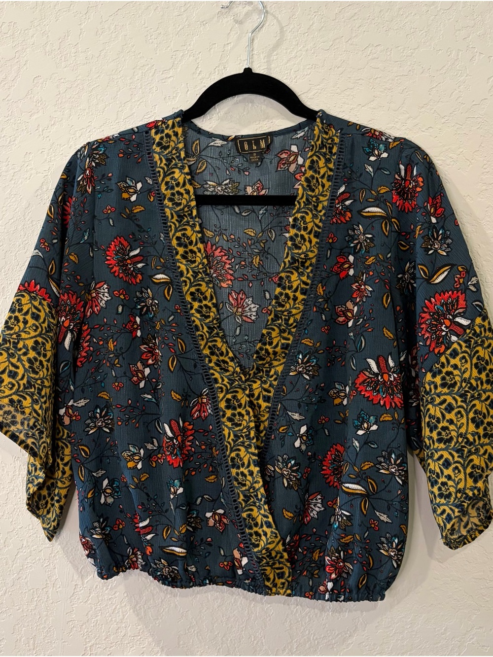 Olivia Moon Teal Floral Wrap-Style Blouse with Mustard Trim